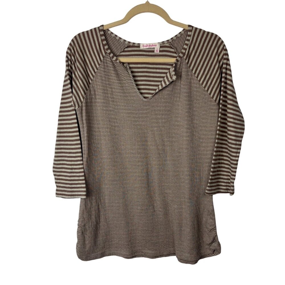 Fresh Produce S Striped 3/4 Sleeve Top Brown & Cream 100% Cotton Made In USA